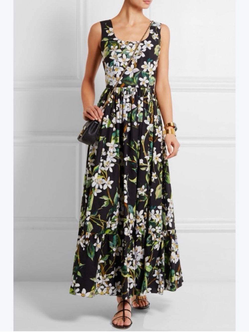 Dolce & Gabbana Black Floral Maxi Dress with White and Green Print
